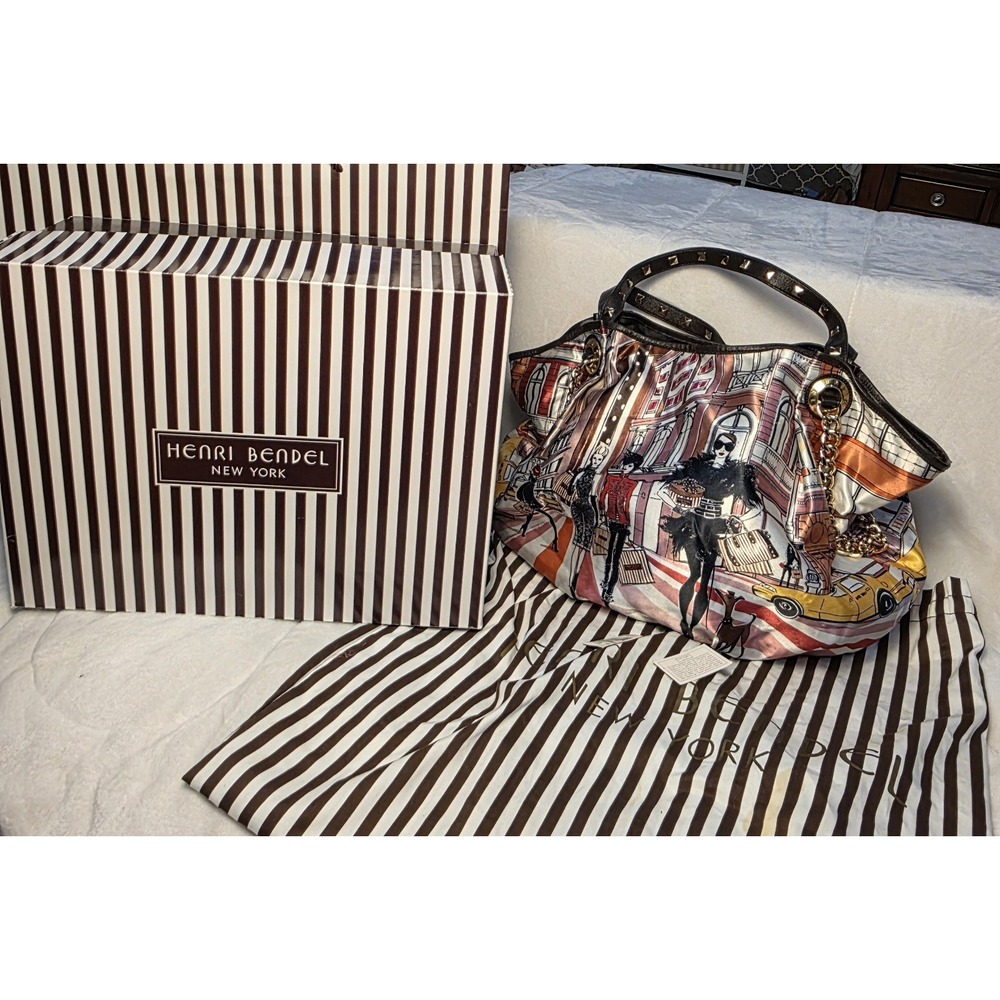 Rare Y2K Henri Bendel Graphic Satin Shopperla Promenade w/ Box Shopping Bag Tote